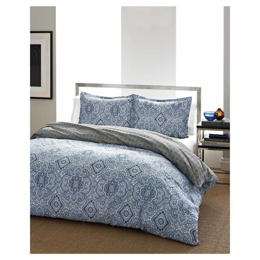 City Scene Blue 150 Thread Count Cotton Reversible Duvet Cover Set - Full/Queen